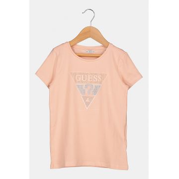 Tricou cu decolteu la baza gatului si aplicatie logo din strasuri