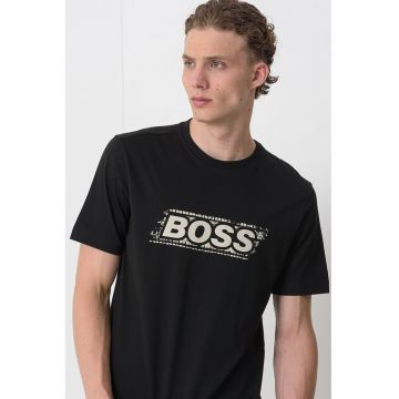 Tricou cu imprimeu logo si decolteu la baza gatului