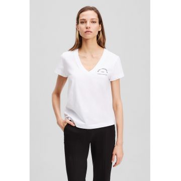 Tricou din bumbac organic cu imprimeu logo si decolteu in V