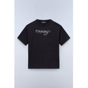 Tricou cu imprimeu logo si decolteu la baza gatului