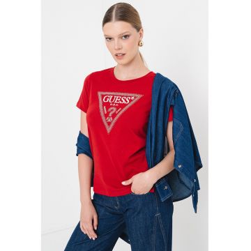 Tricou cu decolteu rotund si logo cu strasuri