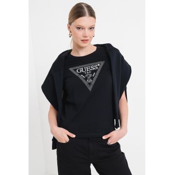 Tricou cu decolteu rotund si logo cu strasuri