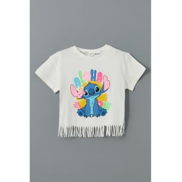 Tricou cu imprimeu cu desene animate si franjuri