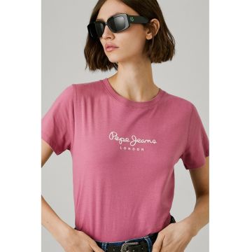 Tricou din bumbac cu decolteu la baza gatului si detaliu cu logo pe piept