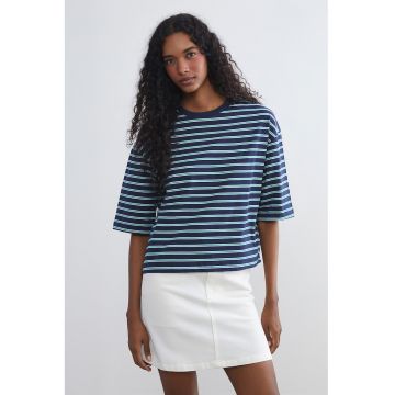 Tricou din bumbac cu model in dungi si maneci medii