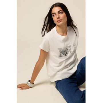 Tricou cu decolteu la baza gatului si strasuri pe partea din fata