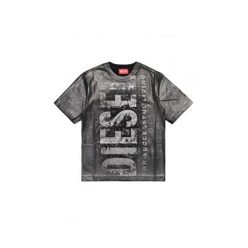 Tricou cu imprimeu logo si decolteu la baza gatului