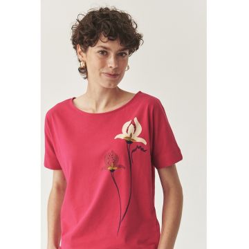 Tricou de bumbac cu decolteu rotund si design floral
