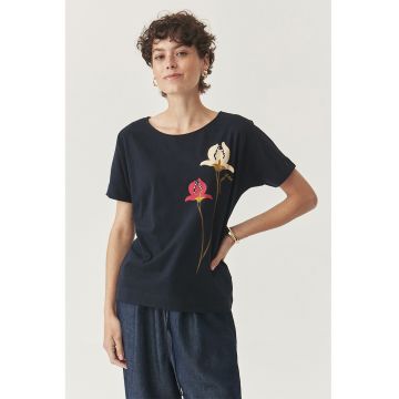 Tricou de bumbac cu decolteu rotund si design floral