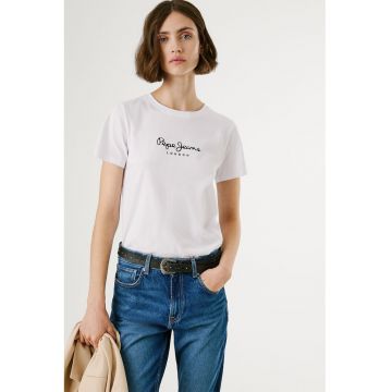 Tricou din bumbac cu decolteu la baza gatului si detaliu cu logo pe piept