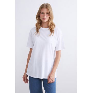 Tricou uni de bumbac cu maneci cazute - Alb optic -