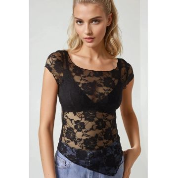 Top scurt -  dantela florala - negru - jerseu