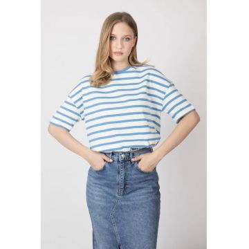 Tricou dama -  cu decolteu rotund si dungi - jerseu - alb/albastru