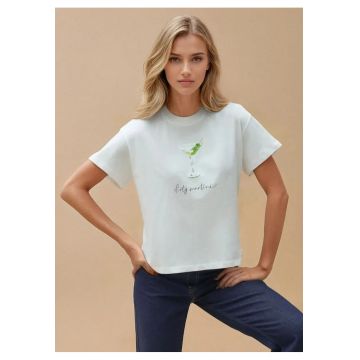 Tricou dama  imprimeu - croiala regulata - alb - bumbac