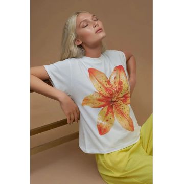 Tricou dama  imprimeu - croiala regulata - portocaliu pal - bumbac
