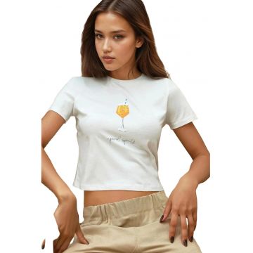 Tricou dama  scurt - imprimat - alb - bumbac - maneca scurta