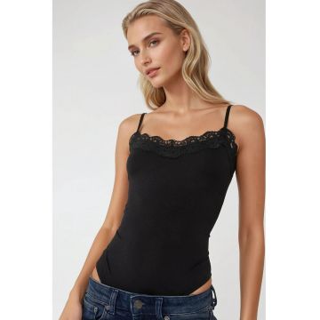 Body slim fit  decolteu in V - dantela - negru - jerseu