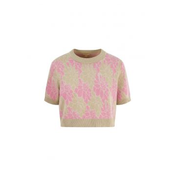 Tricou crop tricotat fin cu imprimeu floral