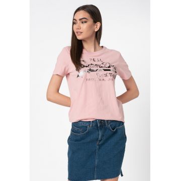 Tricou cu decolteu la baza gatului si imprimeu logo Photo Rose