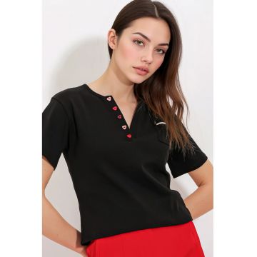 Tricou dama -  bumbac - decolteu in V - negru -