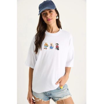 Tricou dama -  bumbac - decolteu rotund - brodat - alb