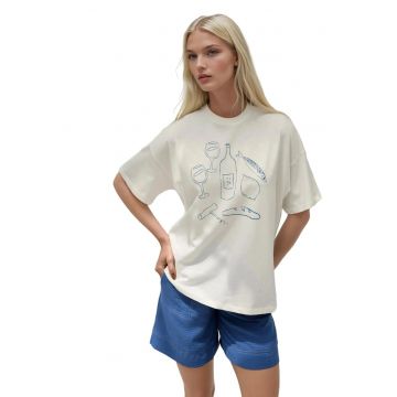 Tricou dama  bumbac - imprimeu supradimensionat - alb