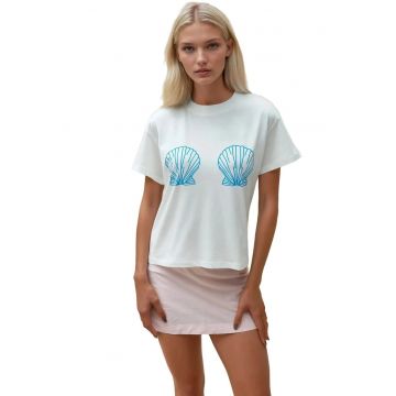 Tricou dama -  cu imprimeu - bumbac - alb/albastru