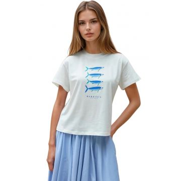 Tricou dama  cu imprimeu - bumbac - alb/albastru