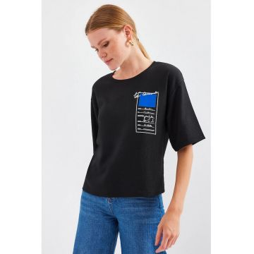 Tricou dama  cu imprimeu - bumbac - negru/albastru