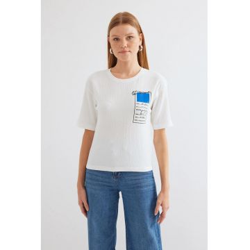 Tricou dama  cu imprimeu - poliester/lcyra - alb/albastru