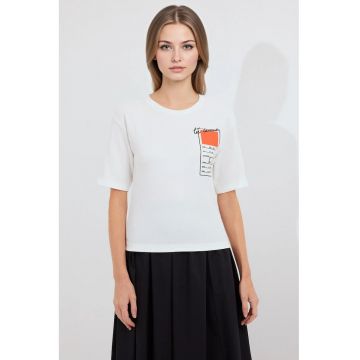 Tricou dama  cu imprimeu - poliester/lycra - alb/portocaliu