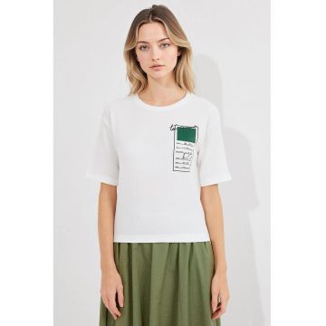 Tricou dama  cu imprimeu - poliester/lycra - alb/verde