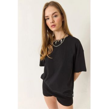 Tricou dama  decolteu rotund - crapatura - bumbac - negru
