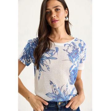 Tricou dama  decolteu rotund - imprimeu floral - bumbac/lycra - alb/albastru