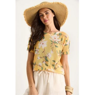 Tricou dama -  decolteu rotund - imprimeu floral - bumbac/lycra - multicolor