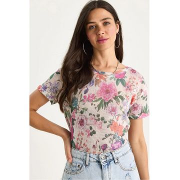 Tricou dama  decolteu rotund - imprimeu floral - bumbac/lycra - multicolor -