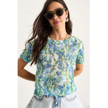 Tricou dama  decolteu rotund - imprimeu floral - bumbac/lycra - multicolor -