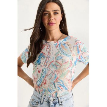 Tricou dama  decolteu rotund - imprimeu floral - bumbac/lycra - multicolor -