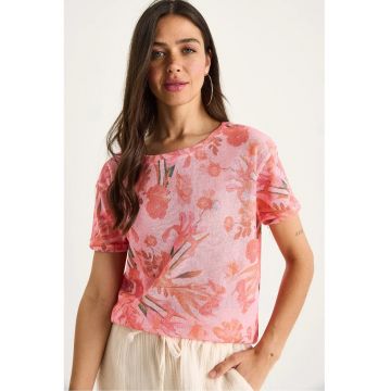 Tricou dama  decolteu rotund - imprimeu floral - bumbac/lycra - roz aprins