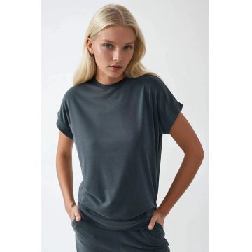 Tricou dama  gri - poliester-modal - maneca scurta - design cu guler rotund