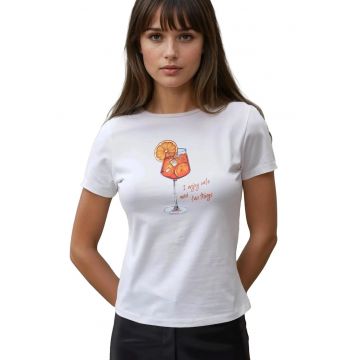 Tricou dama  guler rotund - imprimeu - alb - jerseu