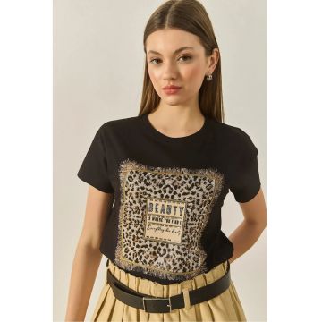 Tricou dama -  imprimeu leopard - bumbac/elastan - negru/bej -