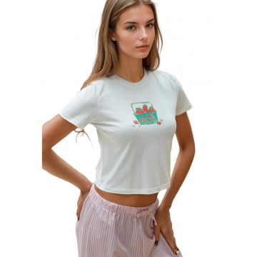Tricou dama -  scurt - guler rotund - croiala regulata - alb - 100% bumbac