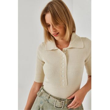 Tricou tricotat  inchidere cu nasturi - acril/poliester - bej -