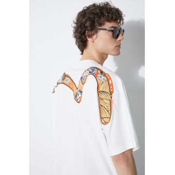 Evisu tricou din bumbac Multi-Hanafuda Patches Daicock Printed SS Tee barbati, culoarea alb, cu imprimeu, 2ESHTM4TS1071 Evisu tricou din bumbac Multi-Hanafuda Patches Daicock Printed SS Tee barbati, culoarea alb, cu imprimeu, 2ESHTM4TS1071