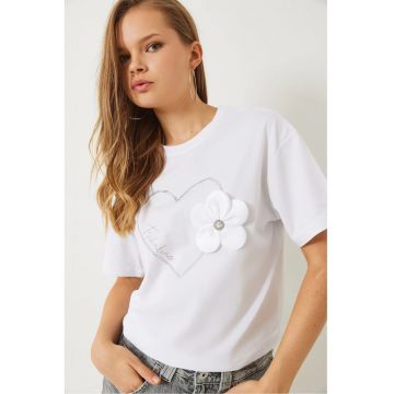 Tricou crop -  guler rotund - imprimeu unic - alb - bumbac