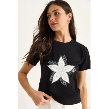 Tricou crop -  imprimeu brodat - negru - bumbac