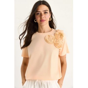Tricou dama  bumbac pieptanat - guler rotund - detalii decorative - portocaliu