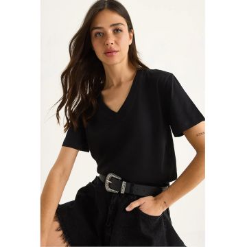 Tricou dama -  Comfort Fit - decolteu in V - bumbac pieptanat - negru -