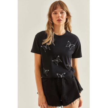 Tricou dama -  crop - brodat - negru - bumbac